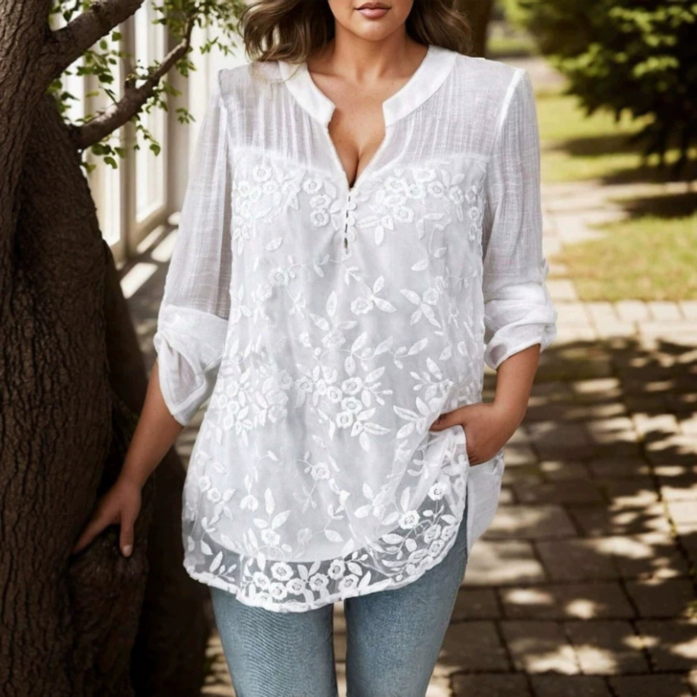 Zara Lace Small Collar Three Quarter Sleeve Top Cool Cotton Linen Artistic